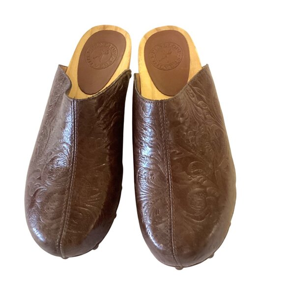 Penelope Chilvers Brown Embossed Leather Wood Women Clogs Shoes Size 37 Spain - Picture 1 of 12